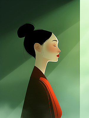 JPG 여자 일러스트 한명 상반신 성인 초록색 빛 눈감음 분위기 디지털합성 명상 올림머리 성인여자한명만 차분 국내일러스트 AI일러스트 AI콘텐츠 1 헤어스타일 컬러 컨셉 모션 사람 여자한명만 성인여자만 파일형식