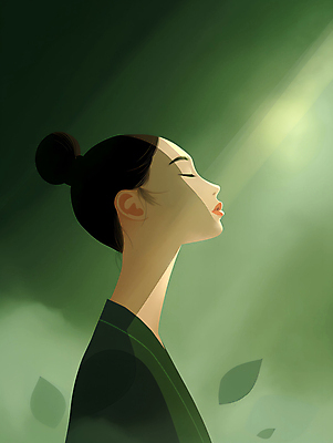 JPG 여자 일러스트 한명 상반신 성인 초록색 빛 눈감음 분위기 디지털합성 명상 올림머리 성인여자한명만 차분 국내일러스트 AI일러스트 AI콘텐츠 1 헤어스타일 컬러 컨셉 모션 사람 여자한명만 성인여자만 파일형식