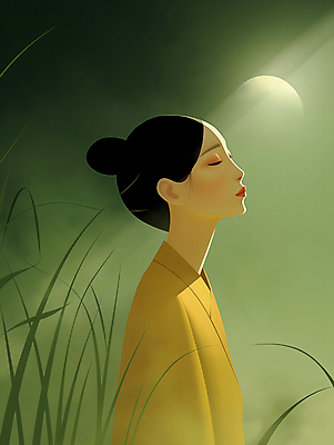 JPG 여자 일러스트 한명 상반신 성인 초록색 빛 눈감음 분위기 디지털합성 명상 올림머리 성인여자한명만 차분 국내일러스트 AI일러스트 AI콘텐츠 1 헤어스타일 컬러 컨셉 모션 사람 여자한명만 성인여자만 파일형식