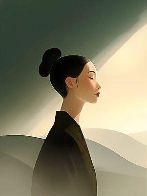 JPG 여자 일러스트 한명 상반신 성인 빛 눈감음 분위기 디지털합성 명상 올림머리 성인여자한명만 차분 국내일러스트 AI일러스트 AI콘텐츠 1 헤어스타일 컨셉 모션 사람 여자한명만 성인여자만 파일형식