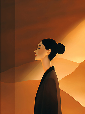 JPG 여자 일러스트 한명 상반신 성인 빛 눈감음 주황색 분위기 디지털합성 명상 올림머리 성인여자한명만 차분 국내일러스트 AI일러스트 AI콘텐츠 1 헤어스타일 컬러 컨셉 모션 사람 여자한명만 성인여자만 파일형식