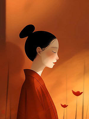 JPG 여자 일러스트 한명 상반신 성인 빛 눈감음 주황색 분위기 디지털합성 명상 올림머리 성인여자한명만 차분 국내일러스트 AI일러스트 AI콘텐츠 1 헤어스타일 컬러 컨셉 모션 사람 여자한명만 성인여자만 파일형식