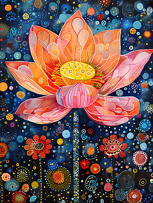 JPG 문양 꽃잎 불교 일러스트 연꽃 사람없음 컬러풀 화려 디지털합성 그림 작품 비비드 디테일 점묘화 국내일러스트 AI일러스트 AI콘텐츠 꽃 종교 컬러 컨셉 미술 파일형식