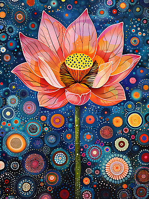 JPG 문양 꽃잎 불교 일러스트 연꽃 사람없음 컬러풀 화려 디지털합성 그림 작품 비비드 디테일 점묘화 국내일러스트 AI일러스트 AI콘텐츠 꽃 종교 컬러 컨셉 미술 파일형식