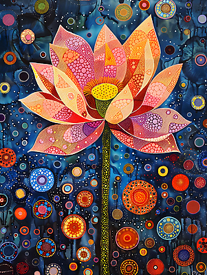 JPG 문양 꽃잎 불교 일러스트 연꽃 사람없음 컬러풀 화려 디지털합성 그림 작품 비비드 디테일 점묘화 국내일러스트 AI일러스트 AI콘텐츠 꽃 종교 컬러 컨셉 미술 파일형식