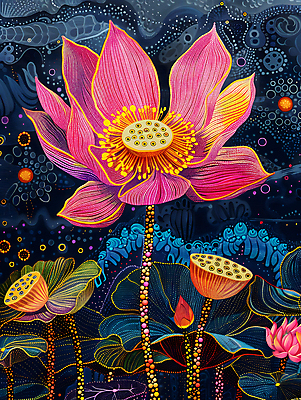 JPG 문양 꽃잎 불교 일러스트 연꽃 사람없음 컬러풀 화려 디지털합성 그림 작품 비비드 디테일 점묘화 국내일러스트 AI일러스트 AI콘텐츠 꽃 종교 컬러 컨셉 미술 파일형식