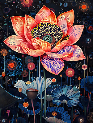 JPG 문양 꽃잎 불교 일러스트 연꽃 사람없음 컬러풀 화려 디지털합성 그림 작품 비비드 디테일 점묘화 국내일러스트 AI일러스트 AI콘텐츠 꽃 종교 컬러 컨셉 미술 파일형식