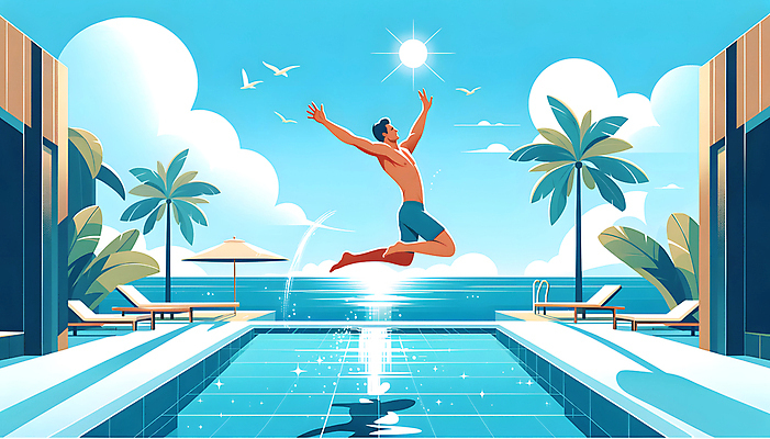 JPG 남자 수영복 일러스트 조류 야외수영장 그림자 한명 성인 여름휴가 야자수 햇빛 태양 점프 성인남자한명만 국내일러스트 AI일러스트 AI콘텐츠 자연요소 나무 동물 1 옷 모션 휴가 수영장 사람 남자한명만 성인남자만 파일형식 여름_계절