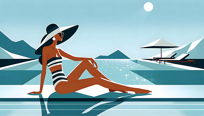 JPG 여자 일러스트 야외수영장 한명 앉기 성인 여름휴가 선글라스 햇빛 파라솔 선베드 밀짚모자 성인여자한명만 국내일러스트 AI일러스트 AI콘텐츠 모자_잡화 1 안경 의자 모션 휴가 수영장 사람 태양 여자한명만 성인여자만 파일형식 여름_계절