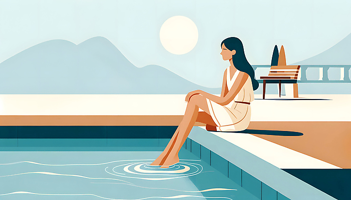 JPG 여자 벤치 일러스트 야외수영장 한명 앉기 성인 여름휴가 물결파장 다리들기 성인여자한명만 국내일러스트 AI일러스트 AI콘텐츠 1 물결 의자 모션 휴가 수영장 사람 여자한명만 성인여자만 파일형식 여름_계절