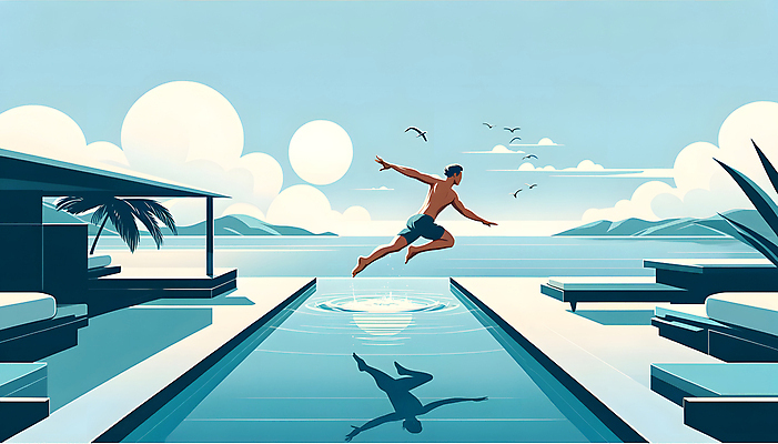 JPG 전신 구름 남자 수영복 잎 일러스트 조류 하늘 산 야외수영장 그림자 한명 성인 여름휴가 점프 선베드 튀는물 야자수잎 성인남자한명만 국내일러스트 AI일러스트 AI콘텐츠 자연요소 식물 동물 1 옷 의자 모션 휴가 수영장 사람 액체표현 스플래쉬 남자한명만 성인남자만 파일형식 여름_계절