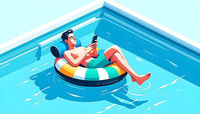 JPG 전신 남자 수영복 물결 일러스트 수영장 그림자 한명 들기 성인 여름휴가 스마트폰 튜브 성인남자한명만 국내일러스트 AI일러스트 AI콘텐츠 1 옷 모션 휴가 사람 핸드폰 스마트기기 남자한명만 성인남자만 파일형식 여름_계절