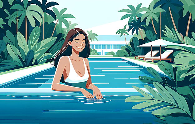 JPG 여자 수영복 일러스트 호텔 야외수영장 한명 미소 상반신 성인 여름휴가 야자수 파라솔 선베드 야자수잎 성인여자한명만 국내일러스트 AI일러스트 AI콘텐츠 나무 1 옷 잎 의자 숙소 휴가 수영장 표정 사람 여자한명만 성인여자만 파일형식 여름_계절