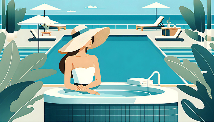 JPG 여자 잎 일러스트 야외수영장 한명 상반신 성인 여름휴가 수건 눈감음 기댐 스파 파라솔 선베드 밀짚모자 성인여자한명만 국내일러스트 AI일러스트 AI콘텐츠 식물 모자_잡화 1 의자 모션 휴가 수영장 사람 위생용품 여자한명만 성인여자만 파일형식 여름_계절