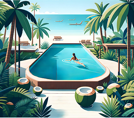 JPG 전신 여자 일러스트 야외수영장 한명 성인 해변 여름휴가 야자수 수영 보트 선베드 코코넛 야자수잎 성인여자한명만 국내일러스트 AI일러스트 AI콘텐츠 나무 1 바다 잎 배_교통 의자 과일 휴가 수영장 사람 수상스포츠 여자한명만 성인여자만 파일형식 여름_계절