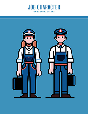 전신 캐릭터 모자 여자 남자 일러스트 직업캐릭터 작업복 성인 두명 파란색 전문직 배관공 성인만 일러캐릭터 AI파일 직업 잡화 옷 컬러 사람 파일형식 벡터