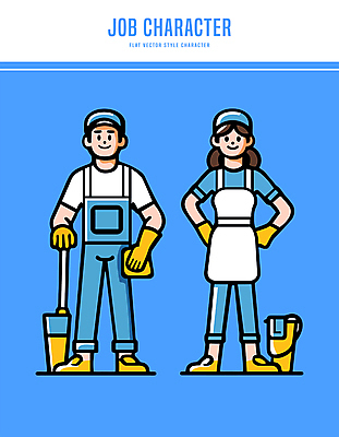 전신 캐릭터 모자 여자 남자 허리손 장갑 일러스트 직업캐릭터 미소 들기 성인 두명 파란색 앞치마 청결 청소도구 물통 걸레 청소부 성인만 일러캐릭터 AI파일 직업 잡화 컬러 포즈 모션 표정 사람 도구 위생 청소 파일형식 벡터