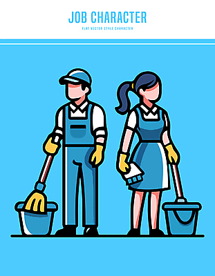 전신 캐릭터 모자 여자 남자 장갑 하늘색 일러스트 직업캐릭터 들기 성인 두명 앞치마 청결 청소도구 물통 걸레 청소부 성인만 일러캐릭터 AI파일 직업 잡화 모션 사람 파란색 도구 위생 청소 파일형식 벡터