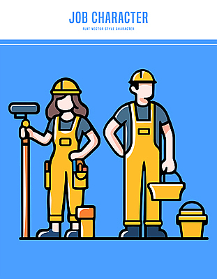 전신 캐릭터 여자 남자 허리손 일러스트 페인터 건설업 직업캐릭터 작업복 들기 성인 두명 파란색 도구 안전모 물통 롤러 성인만 일러캐릭터 AI파일 직업 옷 산업 컬러 포즈 모션 페인팅 사람 헬멧 안전장비 파일형식 벡터