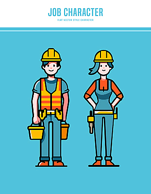 전신 캐릭터 여자 남자 허리손 하늘색 일러스트 건설업 직업캐릭터 작업복 미소 성인 두명 도구 안전모 물통 성인만 일러캐릭터 AI파일 직업 옷 산업 포즈 표정 사람 파란색 헬멧 안전장비 파일형식 벡터