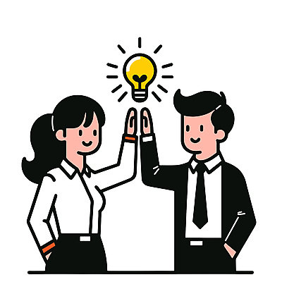 여자 남자 일러스트 비즈니스 전구 협력 아이디어 상반신 성인 두명 직장인 주머니손 하이파이브 성인만 국내일러스트 AI파일 직업 컨셉 모션 사람 손짓 파일형식 벡터