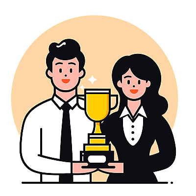 여자 남자 일러스트 비즈니스 협력 들기 상반신 성인 두명 반짝임 노란색 우승 직장인 트로피 시상 우승자 성인만 국내일러스트 AI파일 직업 컬러 모션 사람 최고 상_우승 파일형식 벡터
