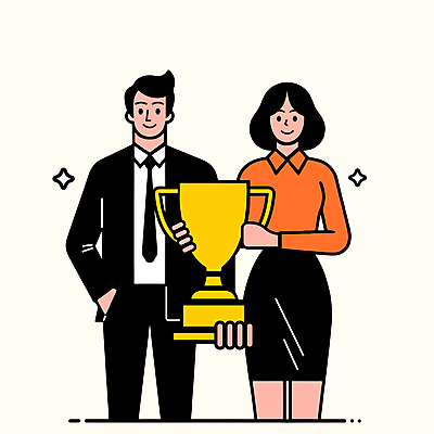 여자 남자 일러스트 비즈니스 협력 들기 상반신 성인 두명 반짝임 우승 직장인 트로피 시상 우승자 성인만 국내일러스트 AI파일 직업 모션 사람 최고 상_우승 파일형식 벡터