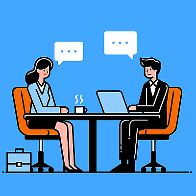 전신 여자 남자 말풍선 의자 서류가방 일러스트 비즈니스 회의 협력 앉기 성인 두명 컵 파란색 노트북 직장인 책상 성인만 국내일러스트 AI파일 직업 식기 컬러 가구 가방 모션 사람 전자제품 파일형식 벡터