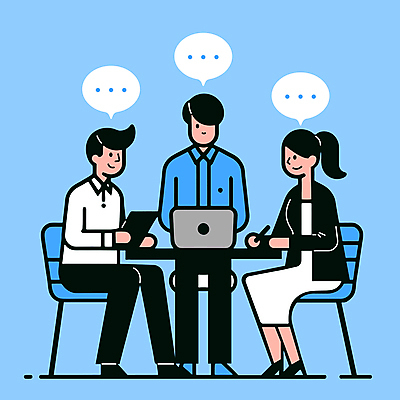 전신 여자 남자 말풍선 의자 일러스트 비즈니스 회의 협력 앉기 성인 세명 파란색 노트북 태블릿 직장인 책상 성인만 국내일러스트 AI파일 직업 컬러 가구 모션 사람 전자제품 스마트기기 파일형식 벡터