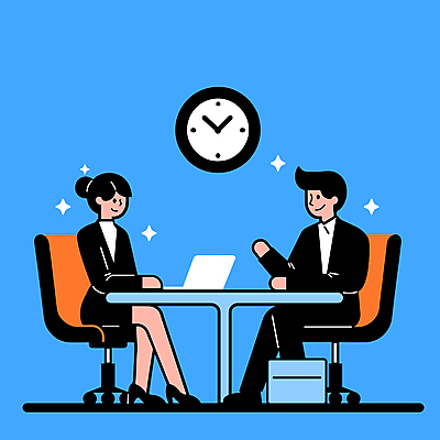 전신 여자 남자 시계 의자 서류가방 일러스트 비즈니스 회의 협력 성인 두명 파란색 노트북 반짝임 직장인 책상 성인만 국내일러스트 AI파일 직업 컬러 가구 가방 모션 사람 전자제품 파일형식 벡터