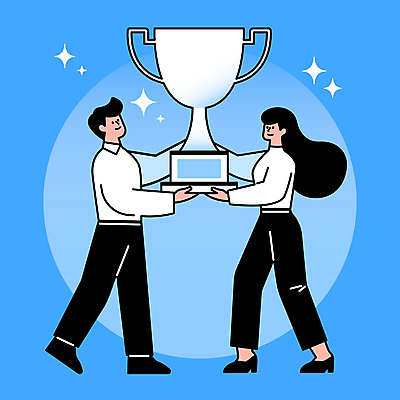 전신 여자 남자 일러스트 비즈니스 협력 들기 성인 두명 파란색 반짝임 우승 직장인 트로피 시상 우승자 성인만 국내일러스트 AI파일 직업 컬러 모션 사람 최고 상_우승 파일형식 벡터
