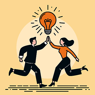 전신 여자 남자 일러스트 비즈니스 전구 협력 아이디어 성인 두명 주황색 직장인 하이파이브 다리들기 성인만 국내일러스트 AI파일 직업 컬러 컨셉 모션 사람 손짓 파일형식 벡터