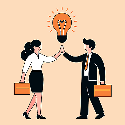 전신 여자 남자 서류가방 일러스트 비즈니스 전구 협력 들기 성인 두명 주황색 직장인 하이파이브 성인만 국내일러스트 AI파일 직업 컬러 가방 모션 사람 손짓 파일형식 벡터