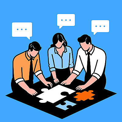 여자 남자 말풍선 일러스트 비즈니스 협력 상반신 성인 세명 파란색 직장인 퍼즐 책상 퍼즐조각 맞추기 성인만 국내일러스트 AI파일 직업 컬러 조각 가구 모션 사람 파일형식 벡터