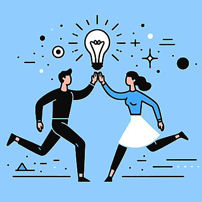 전신 여자 남자 일러스트 비즈니스 전구 협력 아이디어 성인 두명 파란색 반짝임 직장인 하이파이브 다리들기 성인만 국내일러스트 AI파일 직업 컬러 컨셉 모션 사람 손짓 파일형식 벡터