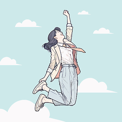 전신 구름 여자 일러스트 하늘 한명 성인 점프 손뻗기 성인여자한명만 청년취업 국내일러스트 AI파일 자연요소 1 모션 사람 구직 여자한명만 성인여자만 파일형식 벡터