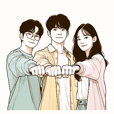 여자 남자 안경 일러스트 상반신 성인 세명 파이팅 주먹 손모으기 성인만 청년취업 국내일러스트 AI파일 잡화 모션 사람 손짓 구직 파일형식 벡터