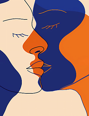 JPG 얼굴 선 일러스트 키스 사랑 사람 두명 눈감음 베이지색 국내일러스트 AI일러스트 AI콘텐츠 감정 컬러 모션 신체부위 애정표현 파일형식