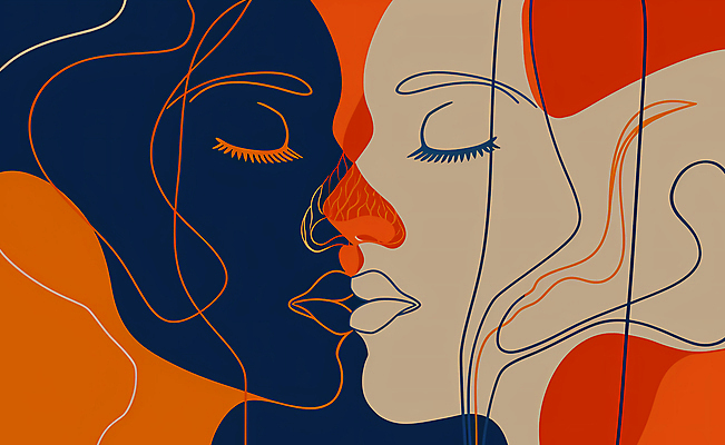 JPG 얼굴 선 일러스트 키스 사랑 사람 두명 눈감음 주황색 국내일러스트 AI일러스트 AI콘텐츠 감정 컬러 모션 신체부위 애정표현 파일형식