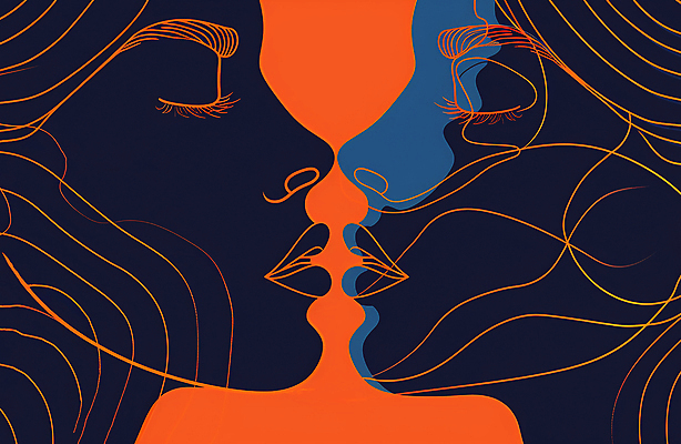 JPG 얼굴 선 일러스트 키스 사랑 사람 두명 눈감음 주황색 국내일러스트 AI일러스트 AI콘텐츠 감정 컬러 모션 신체부위 애정표현 파일형식