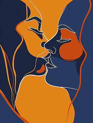 JPG 얼굴 선 일러스트 키스 사랑 사람 두명 노란색 눈감음 국내일러스트 AI일러스트 AI콘텐츠 감정 컬러 모션 신체부위 애정표현 파일형식