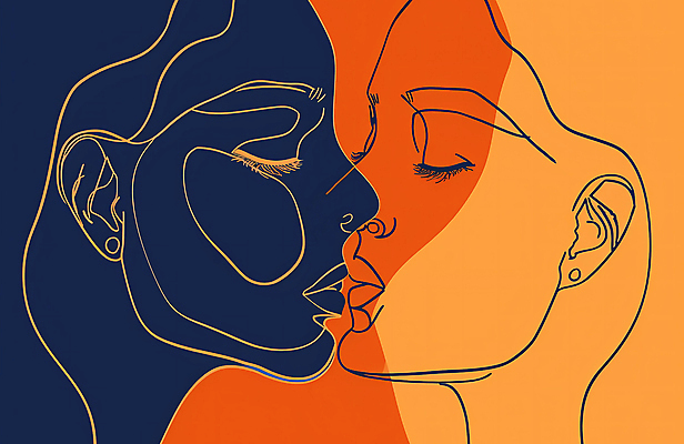 JPG 얼굴 선 일러스트 키스 사랑 사람 두명 눈감음 주황색 국내일러스트 AI일러스트 AI콘텐츠 감정 컬러 모션 신체부위 애정표현 파일형식