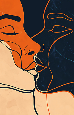 JPG 얼굴 선 일러스트 키스 사랑 사람 두명 눈감음 주황색 국내일러스트 AI일러스트 AI콘텐츠 감정 컬러 모션 신체부위 애정표현 파일형식