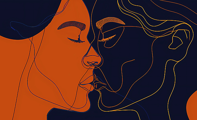 JPG 얼굴 선 일러스트 키스 사랑 사람 두명 눈감음 주황색 국내일러스트 AI일러스트 AI콘텐츠 감정 컬러 모션 신체부위 애정표현 파일형식