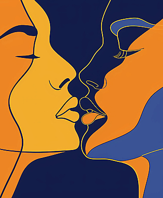 JPG 얼굴 선 일러스트 키스 사랑 사람 두명 파란색 눈감음 국내일러스트 AI일러스트 AI콘텐츠 감정 컬러 모션 신체부위 애정표현 파일형식