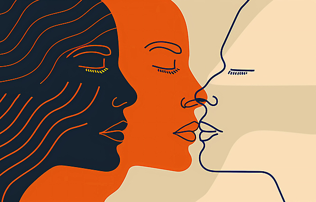 JPG 얼굴 선 일러스트 키스 사랑 사람 세명 눈감음 주황색 국내일러스트 AI일러스트 AI콘텐츠 감정 컬러 모션 신체부위 애정표현 파일형식