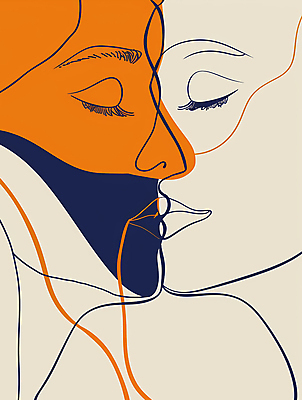 JPG 얼굴 선 일러스트 키스 사랑 사람 두명 눈감음 베이지색 국내일러스트 AI일러스트 AI콘텐츠 감정 컬러 모션 신체부위 애정표현 파일형식