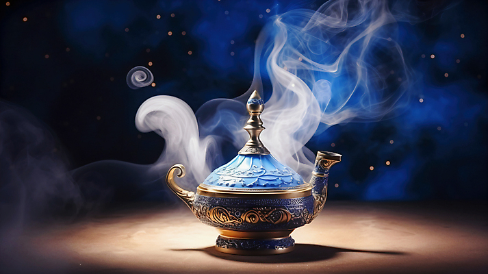 JPG 편집이미지 백그라운드 주전자 요정 사람없음 파란색 반짝임 램프 연기 신비 보케 소원 편집실사 AI컴퓨터그래픽 AI콘텐츠 컬러 컨셉 모션 주방용품 조명 CG 파일형식