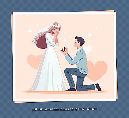전신 여자 남자 신부 웨딩드레스 신랑 결혼 프로포즈 일러스트 프레임 사랑 턱시도 성인 두명 반짝임 사각형 사진촬영 주황색 하트 반지 무릎꿇기 커플반지 감동 입가림 성인만 국내일러스트 AI파일 모양 도형 드레스 감정 컬러 장신구 모션 사람 정장 이벤트 촬영 가림 파일형식 벡터