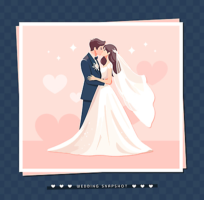 전신 여자 남자 신부 분홍색 웨딩드레스 신랑 결혼 일러스트 키스 프레임 사랑 턱시도 성인 두명 반짝임 마주보기 사각형 눈감음 사진촬영 하트 성인만 국내일러스트 AI파일 모양 도형 드레스 감정 컬러 모션 사람 정장 이벤트 촬영 애정표현 파일형식 벡터